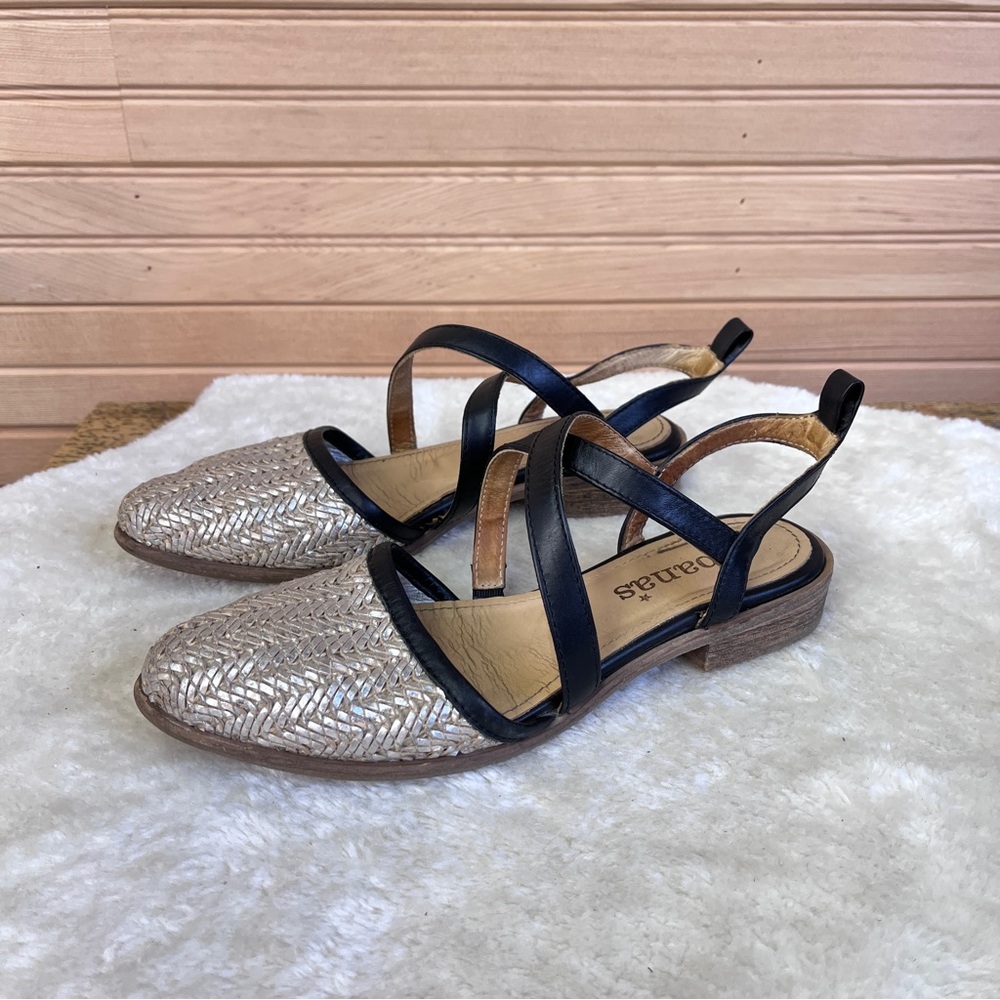 Anthro Cubanas Woven Metallic Strap Back Flats